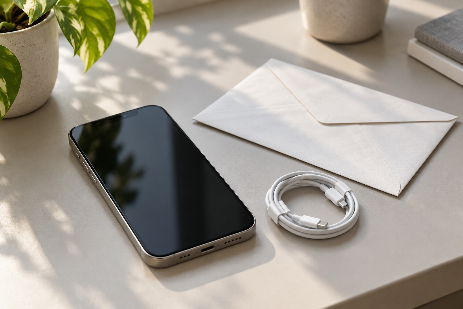 Telefon z przewodem ładowania obok zamkniętej koperty